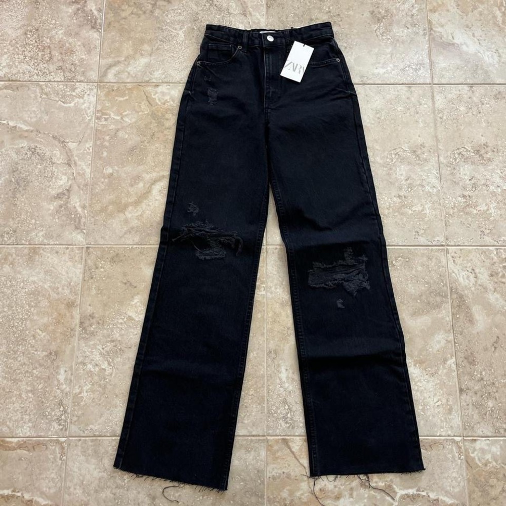 Zara High Rise Distressed Wide Leg Full Length Jeans